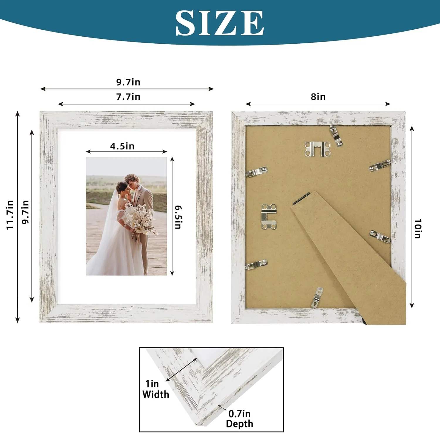8x10 Picture Frame Set of 4, Made of Real Glass and Distressed White Wooden Frame, 8 by 10 Photo for Wall or Tabletop - Display Picture 5x7 with Mat or 8x10 Without Mat