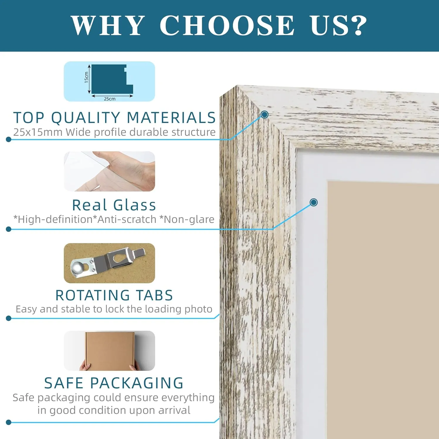 8x10 Picture Frame Set of 4, Made of Real Glass and Distressed White Wooden Frame, 8 by 10 Photo for Wall or Tabletop - Display Picture 5x7 with Mat or 8x10 Without Mat