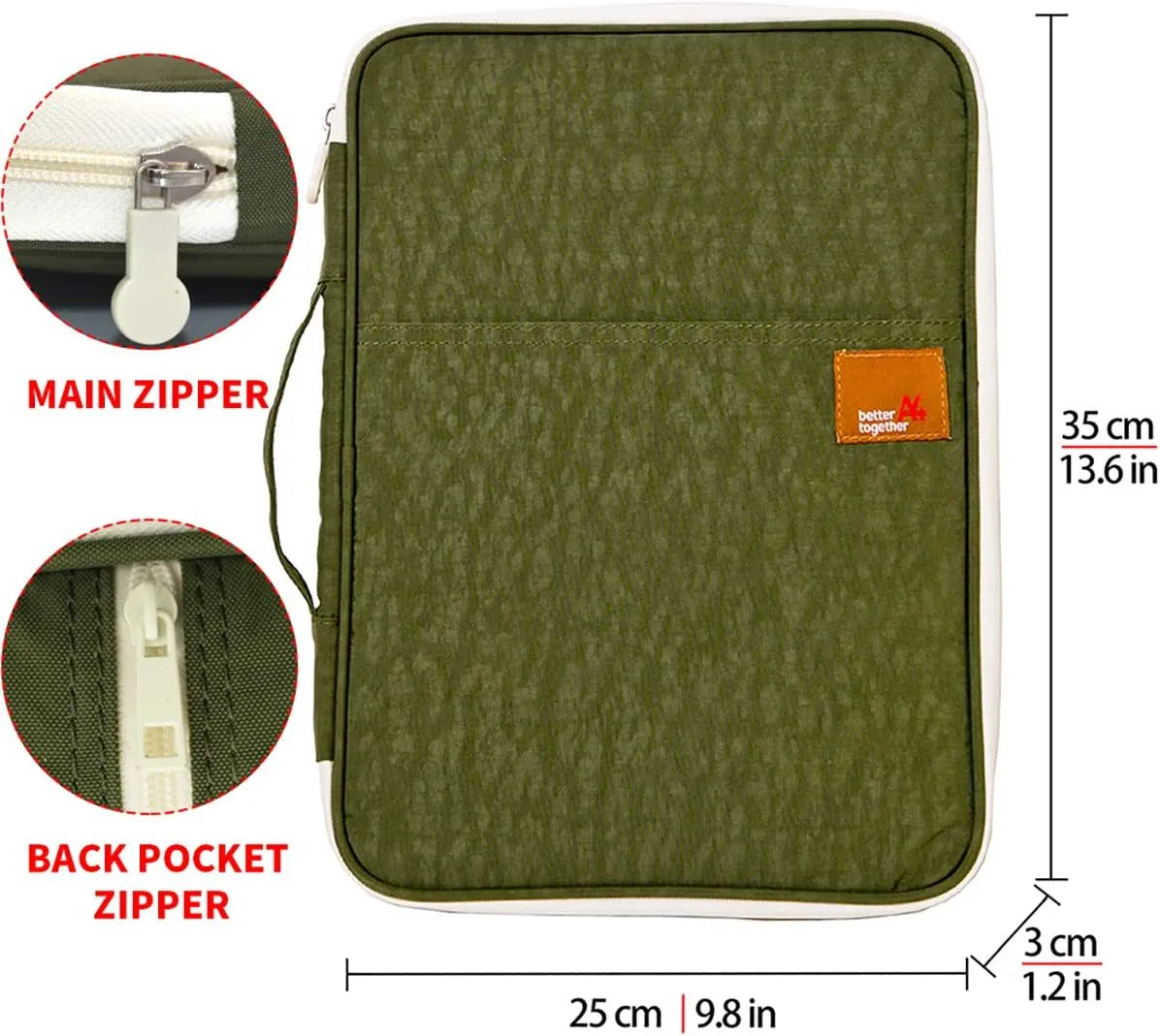 A4 Document Portable Organizer Bag Waterproof Portfolio Office Zipper Case for Travel Office Business Holiday Meeting Interview (Olive Green)