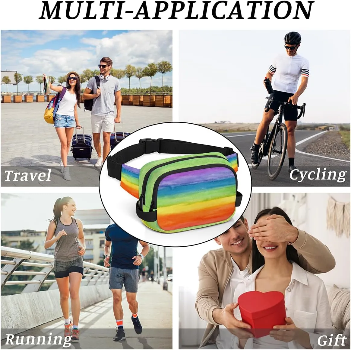 Abstract Art Colorful Striped Rainbow Fanny Pack for Men Women, Waterproof Travel Square Waist Bag Pack, Crossbody Chest Belt Bum Sling Bag Shoulder Bag Purse for Travel Hiking Cycling Running