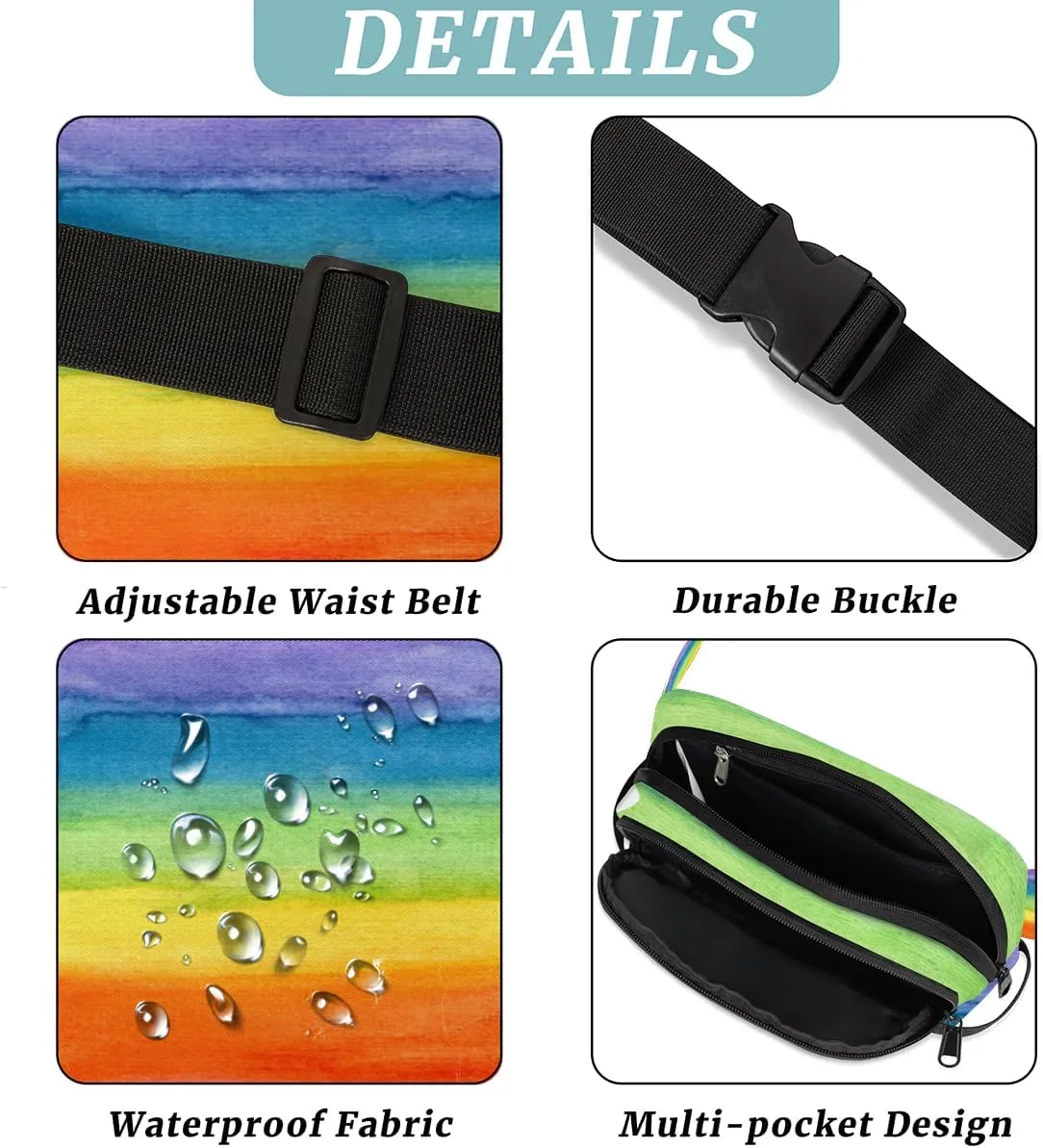 Abstract Art Colorful Striped Rainbow Fanny Pack for Men Women, Waterproof Travel Square Waist Bag Pack, Crossbody Chest Belt Bum Sling Bag Shoulder Bag Purse for Travel Hiking Cycling Running