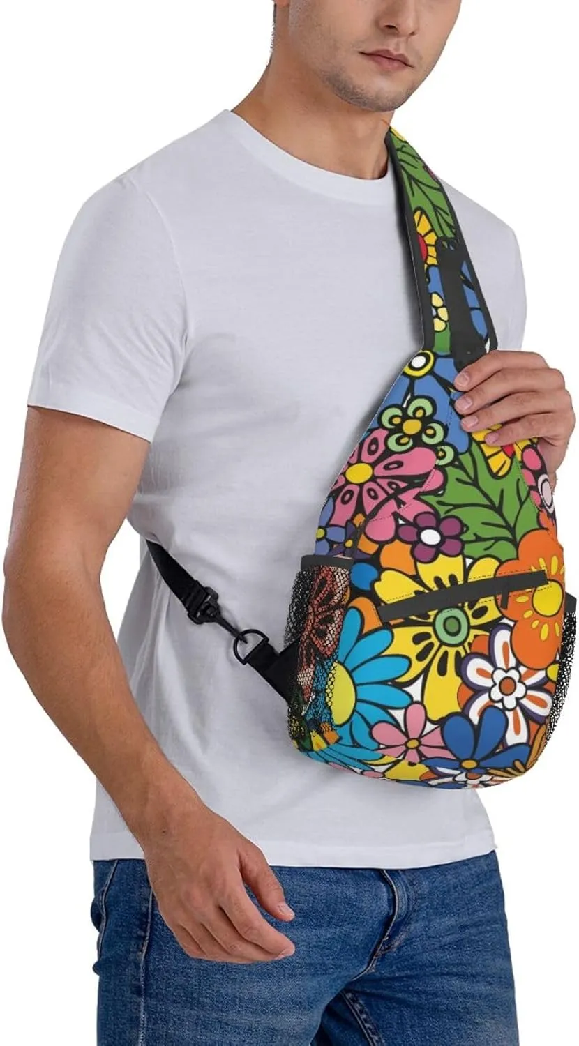 Abstract Hippie Flower 60s 70s Crossbody Backpack Chest Bag For Men Women Large Capacity Shoulder Sling Bag Cycling Travel Daypack