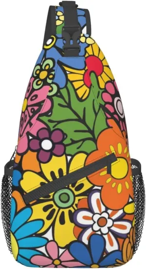 Abstract Hippie Flower 60s 70s Crossbody Backpack Chest Bag For Men Women Large Capacity Shoulder Sling Bag Cycling Travel Daypack