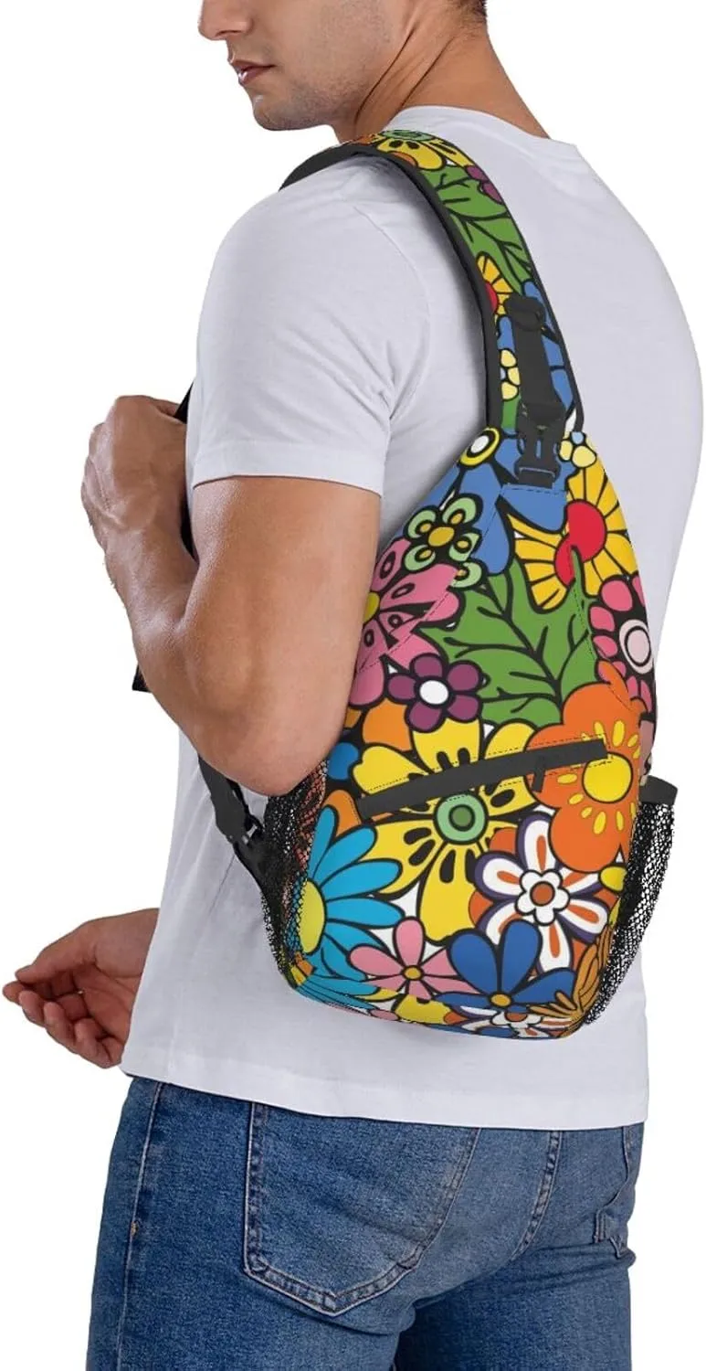 Abstract Hippie Flower 60s 70s Crossbody Backpack Chest Bag For Men Women Large Capacity Shoulder Sling Bag Cycling Travel Daypack