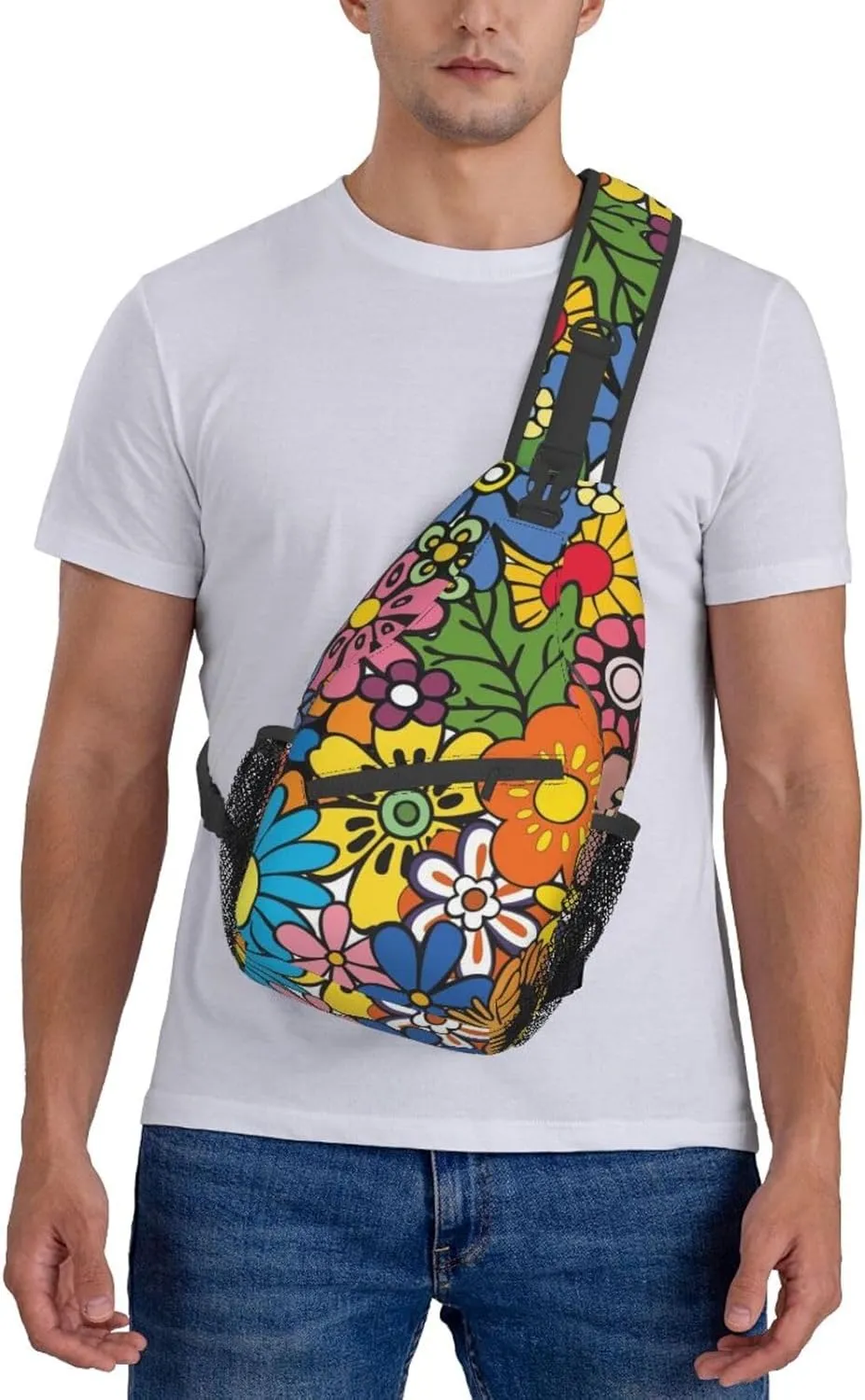 Abstract Hippie Flower 60s 70s Crossbody Backpack Chest Bag For Men Women Large Capacity Shoulder Sling Bag Cycling Travel Daypack