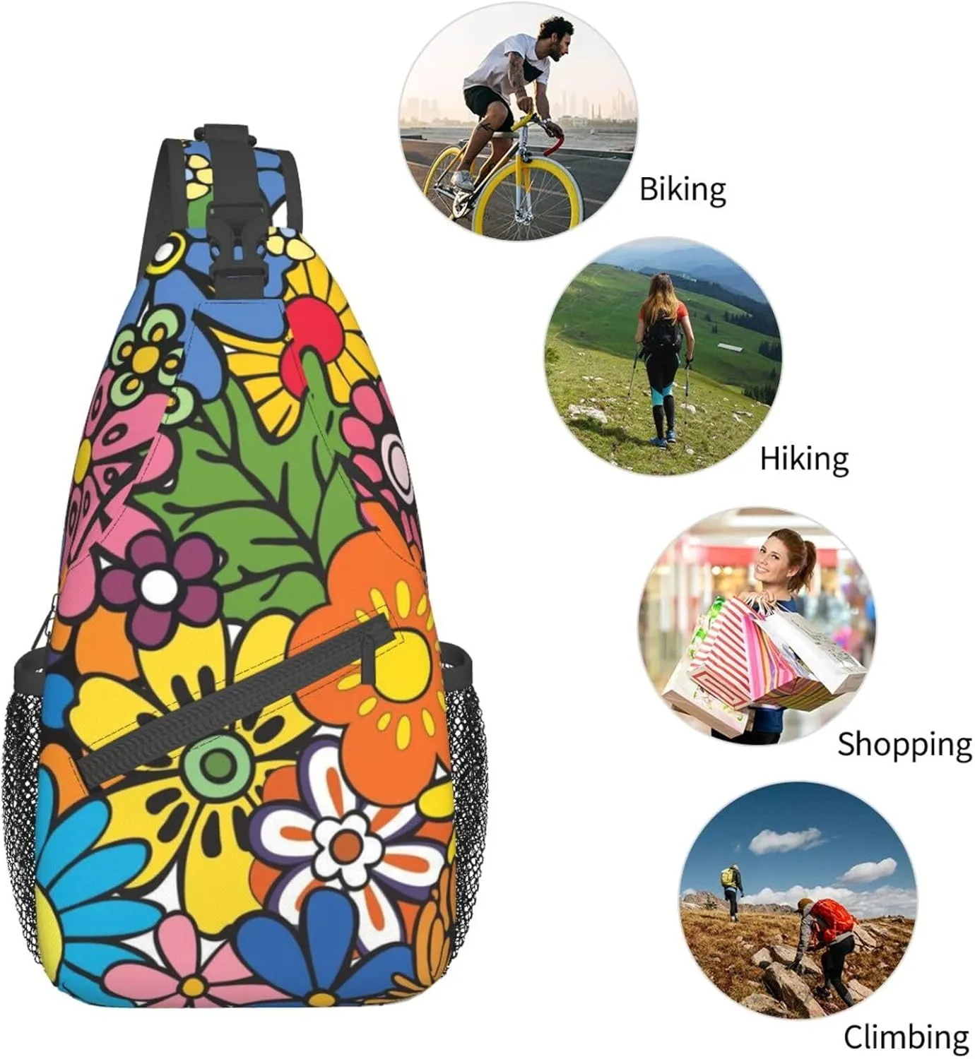 Abstract Hippie Flower 60s 70s Crossbody Backpack Chest Bag For Men Women Large Capacity Shoulder Sling Bag Cycling Travel Daypack