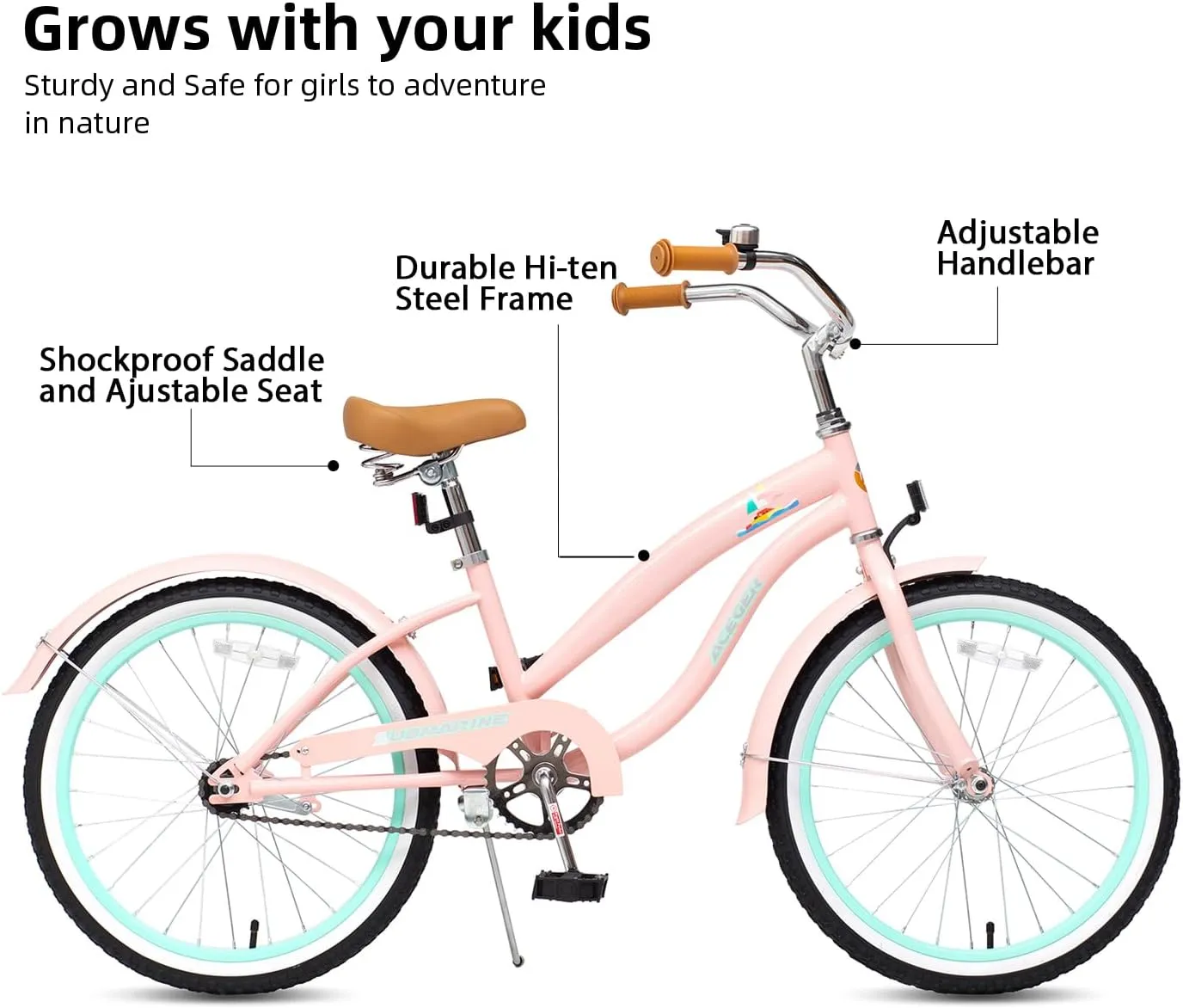 ACEGER Girls Beach Cruiser Bike for Kids 5-13 Years Old, 16" 18" 20" 24" Single Speed Kids Bicycle Included Coaster Brake, Front and Rear Reflectors, 24" 7 Speeds with Dual Brakes