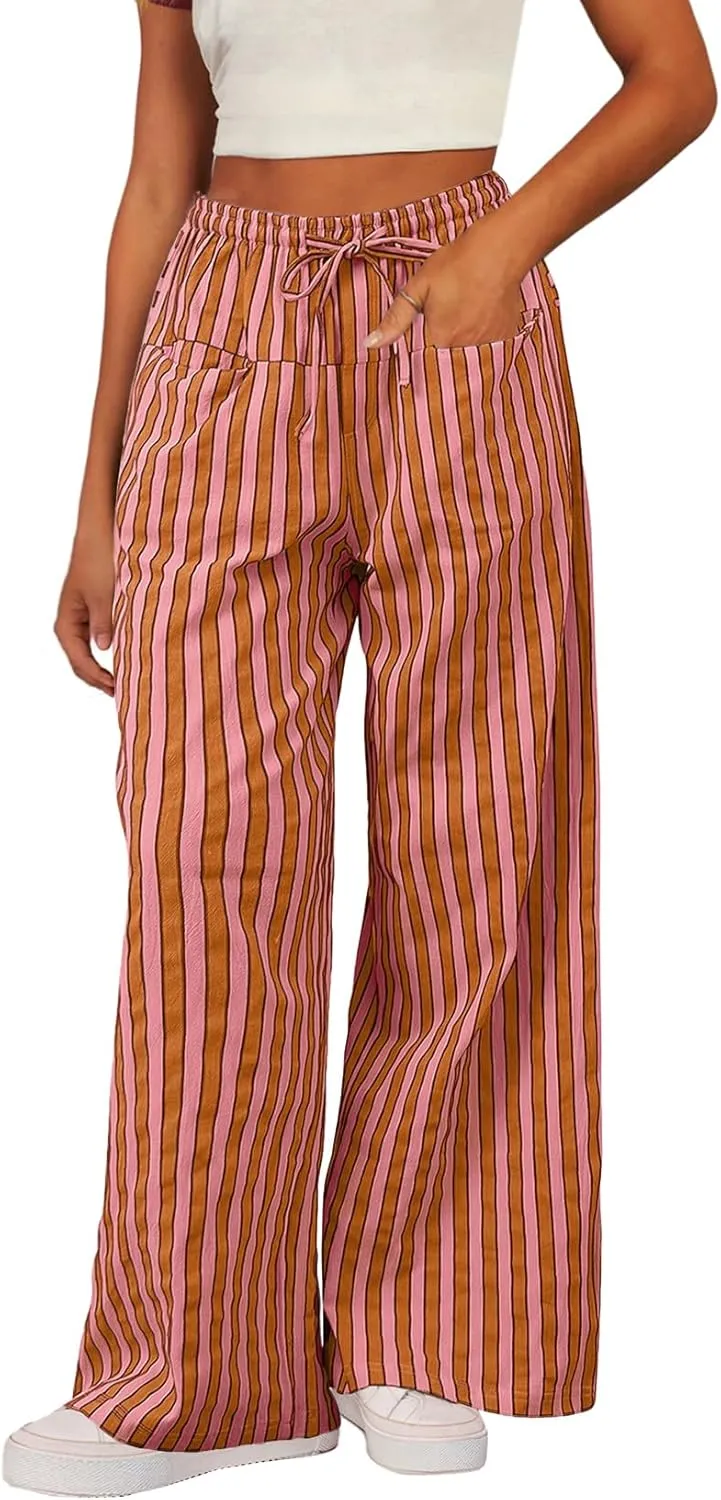 Acelitt Women Casual Drawstring Elastic Waist Loose Wide Leg Striped Pants with Pockets, S-XXL