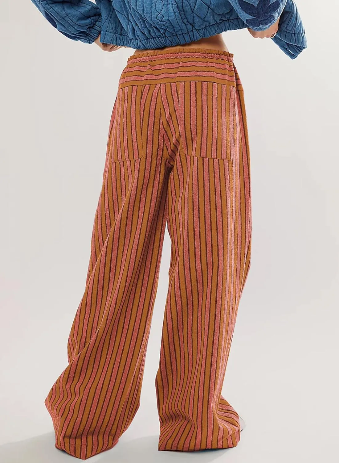 Acelitt Women Casual Drawstring Elastic Waist Loose Wide Leg Striped Pants with Pockets, S-XXL