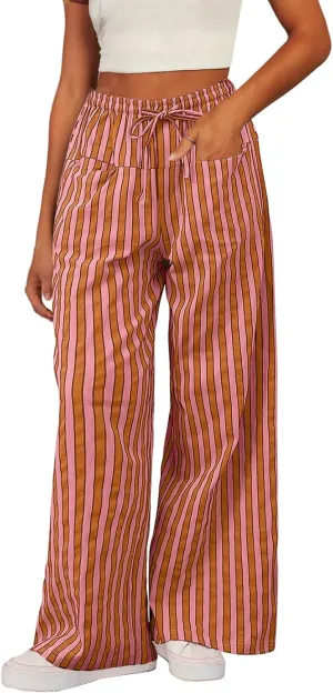 Acelitt Women Casual Drawstring Elastic Waist Loose Wide Leg Striped Pants with Pockets, S-XXL