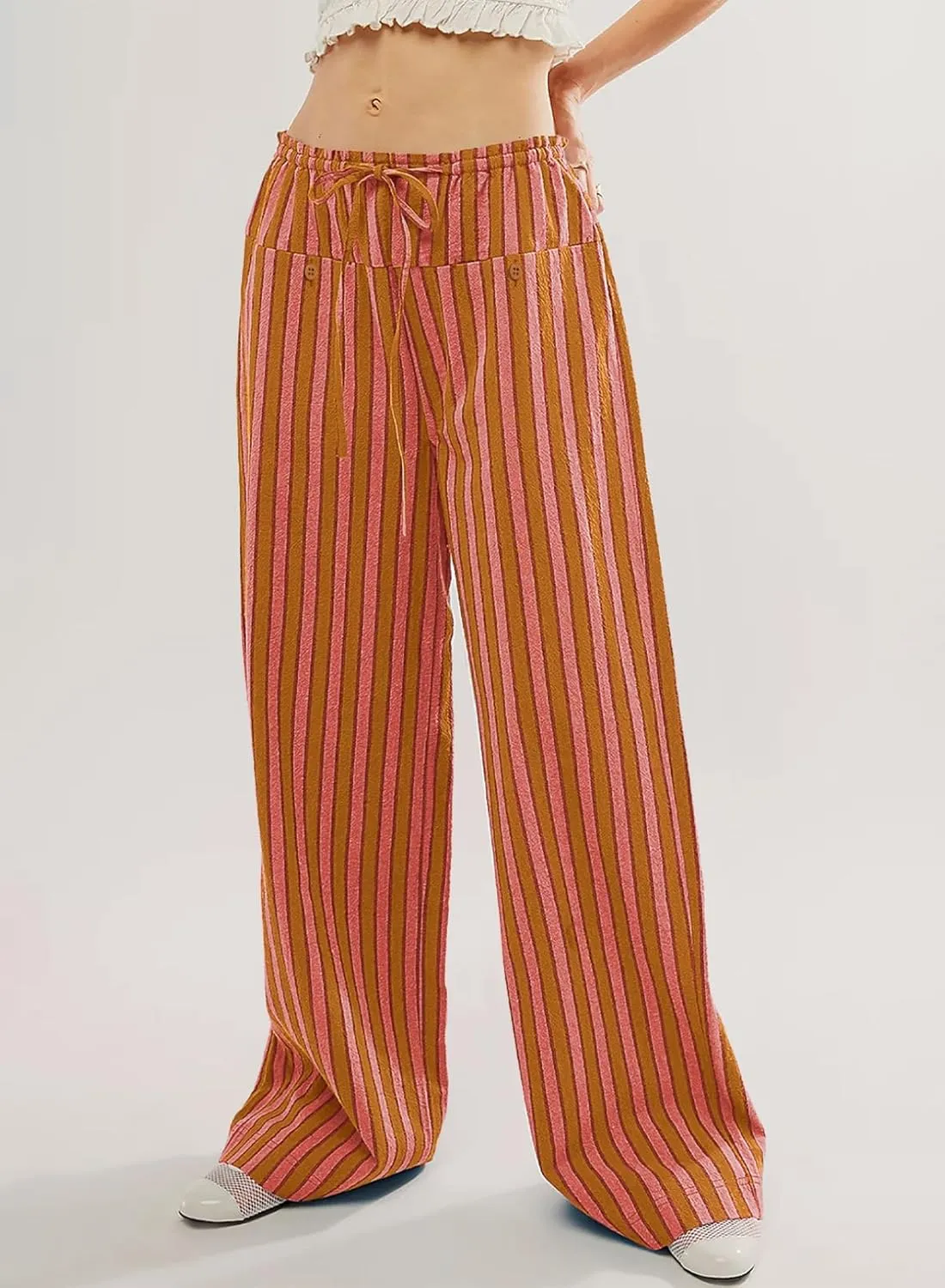 Acelitt Women Casual Drawstring Elastic Waist Loose Wide Leg Striped Pants with Pockets, S-XXL