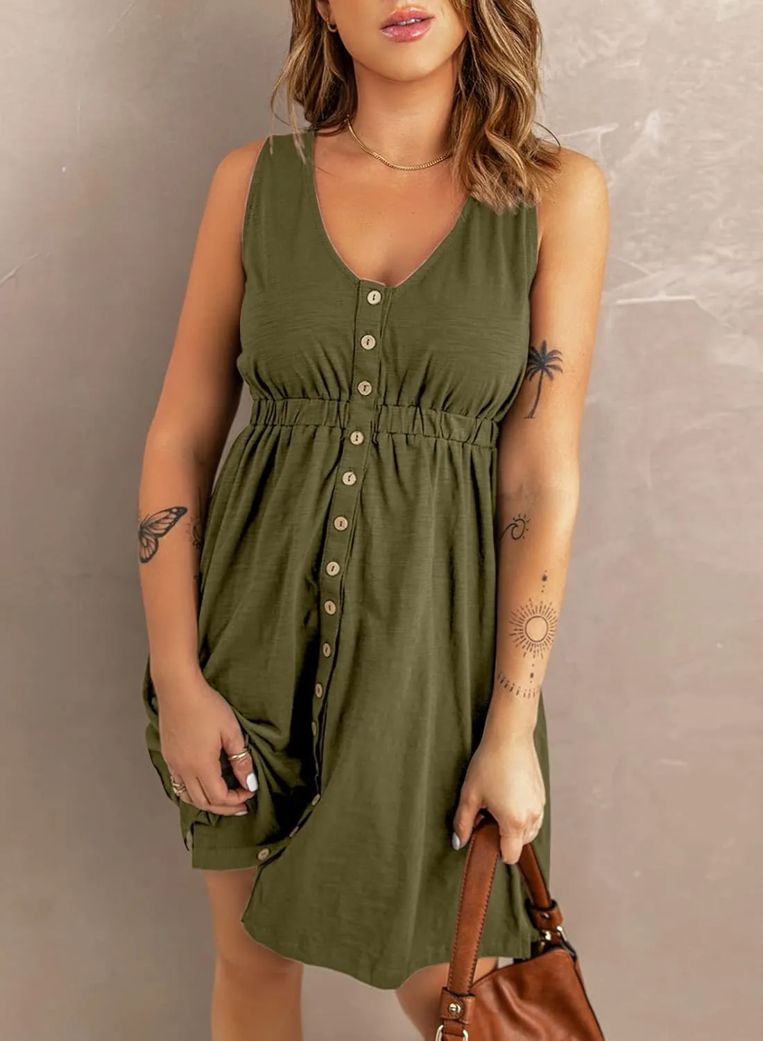 Acelitt Women Summer Casual Sleeveless Button Down Elastic Waist Swing Dresses, XS-2XL