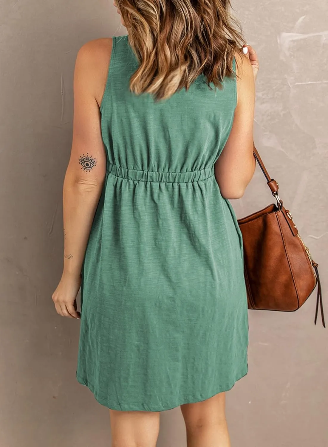Acelitt Women Summer Casual Sleeveless Button Down Elastic Waist Swing Dresses, XS-2XL
