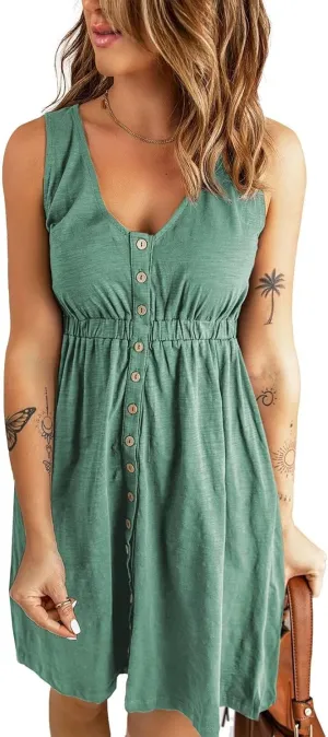 Acelitt Women Summer Casual Sleeveless Button Down Elastic Waist Swing Dresses, XS-2XL