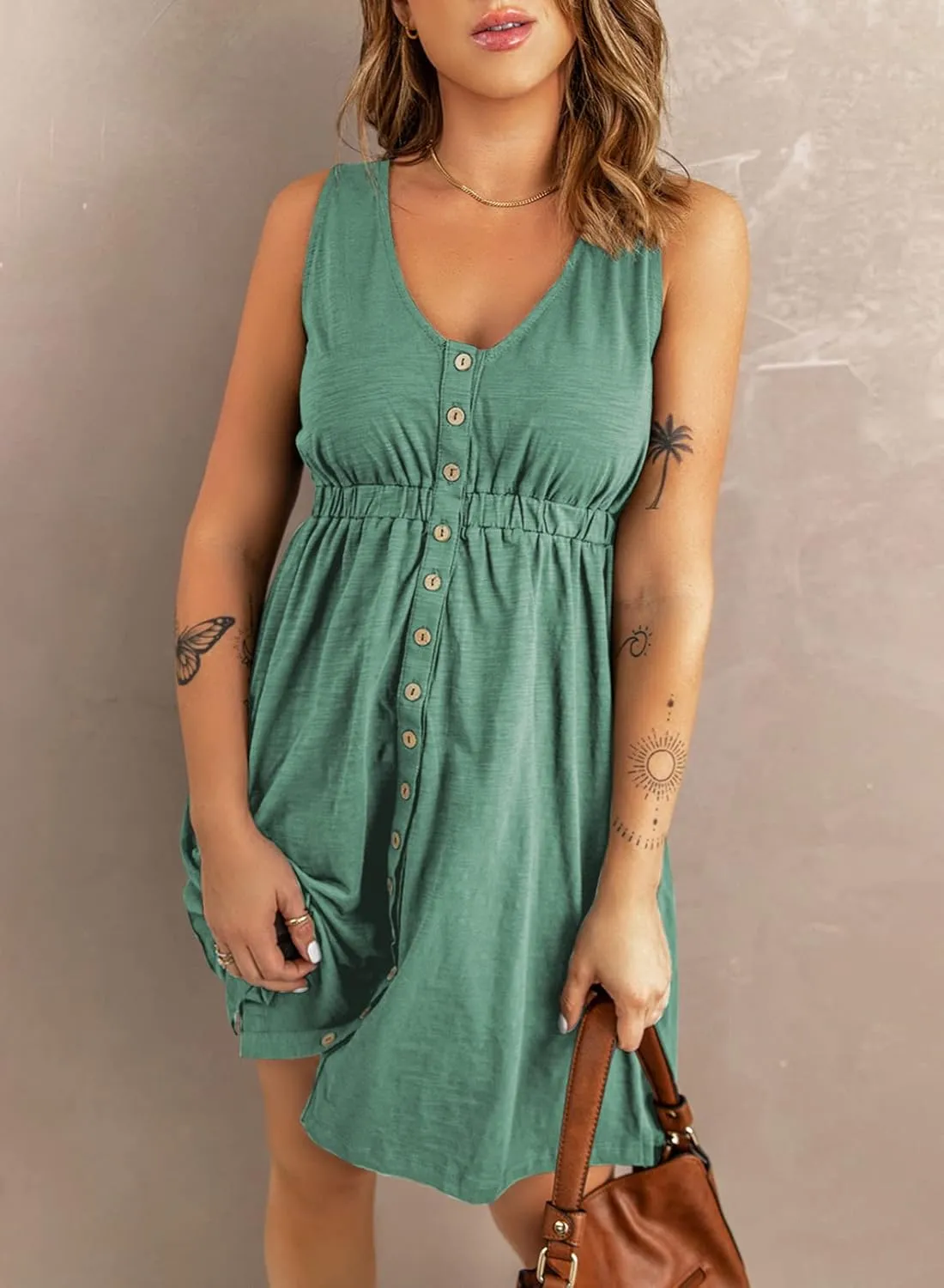 Acelitt Women Summer Casual Sleeveless Button Down Elastic Waist Swing Dresses, XS-2XL