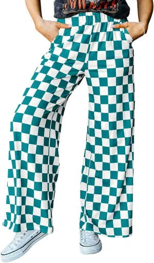 Acelitt Womens Casual Checkered Pants Elastic Waist Comfy Loose Wide Leg Pants with Pockets
