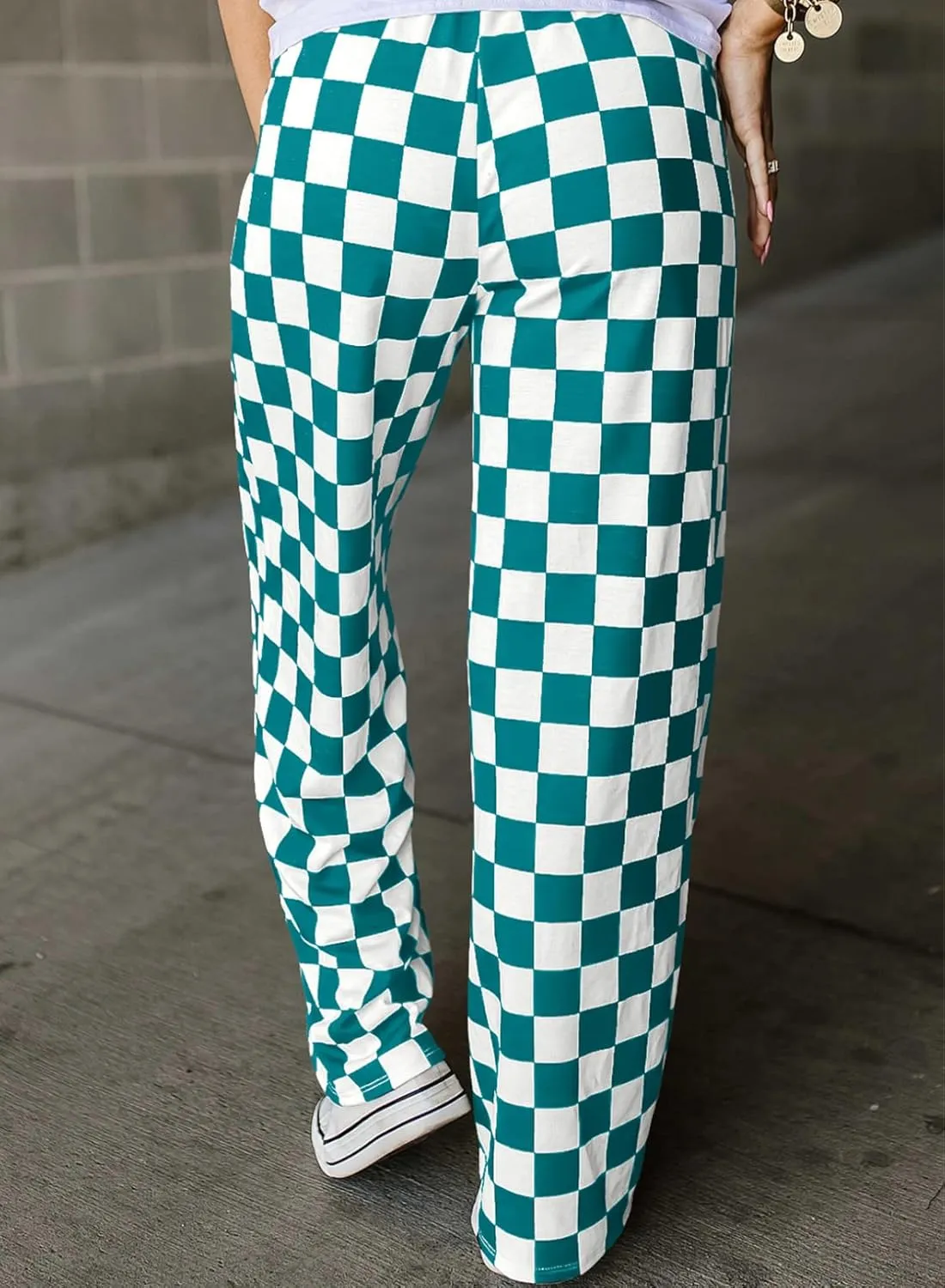 Acelitt Womens Casual Checkered Pants Elastic Waist Comfy Loose Wide Leg Pants with Pockets