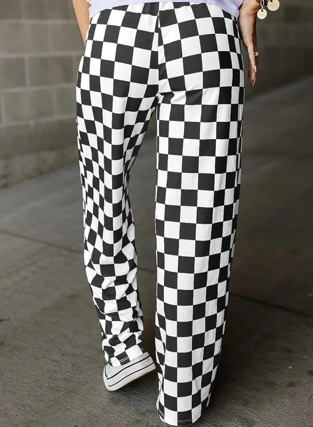 Acelitt Womens Casual Checkered Pants Elastic Waist Comfy Loose Wide Leg Pants with Pockets