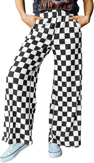 Acelitt Womens Casual Checkered Pants Elastic Waist Comfy Loose Wide Leg Pants with Pockets