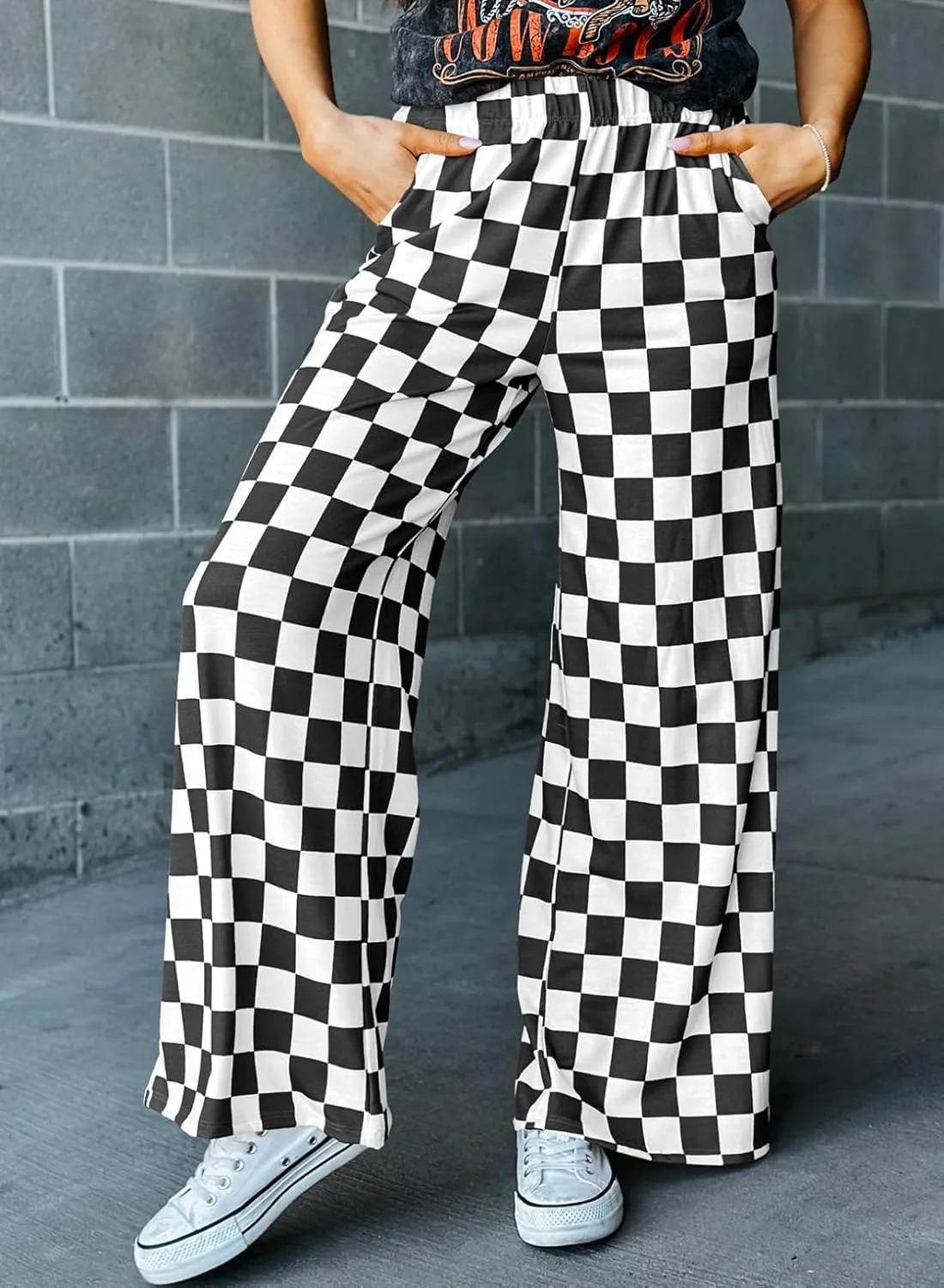 Acelitt Womens Casual Checkered Pants Elastic Waist Comfy Loose Wide Leg Pants with Pockets