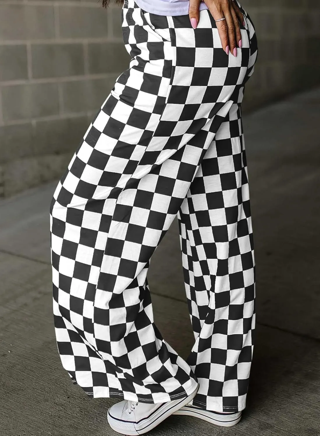 Acelitt Womens Casual Checkered Pants Elastic Waist Comfy Loose Wide Leg Pants with Pockets