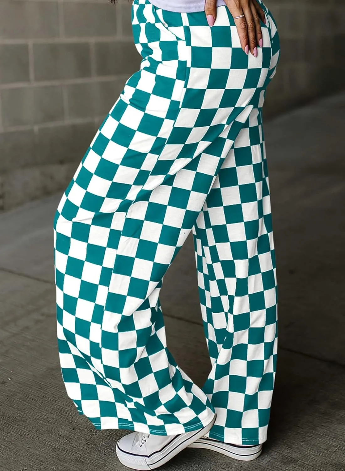 Acelitt Womens Casual Checkered Pants Elastic Waist Comfy Loose Wide Leg Pants with Pockets