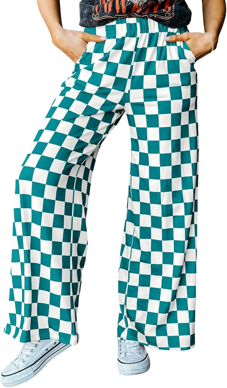 Acelitt Womens Casual Checkered Pants Elastic Waist Comfy Loose Wide Leg Pants with Pockets