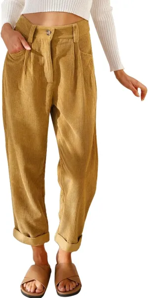 Acelitt Womens Elastic Waist Straight Leg Corduroy Pants with Pockets, S-2XL