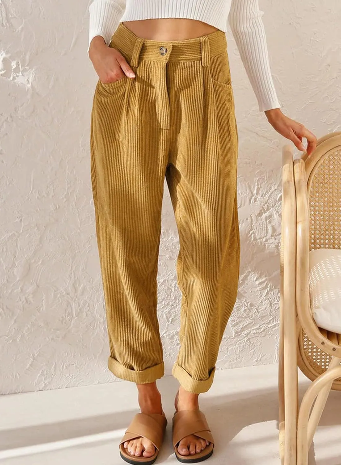 Acelitt Womens Elastic Waist Straight Leg Corduroy Pants with Pockets, S-2XL