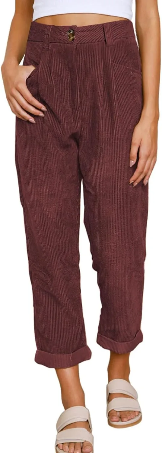 Acelitt Womens Elastic Waist Straight Leg Corduroy Pants with Pockets, S-2XL