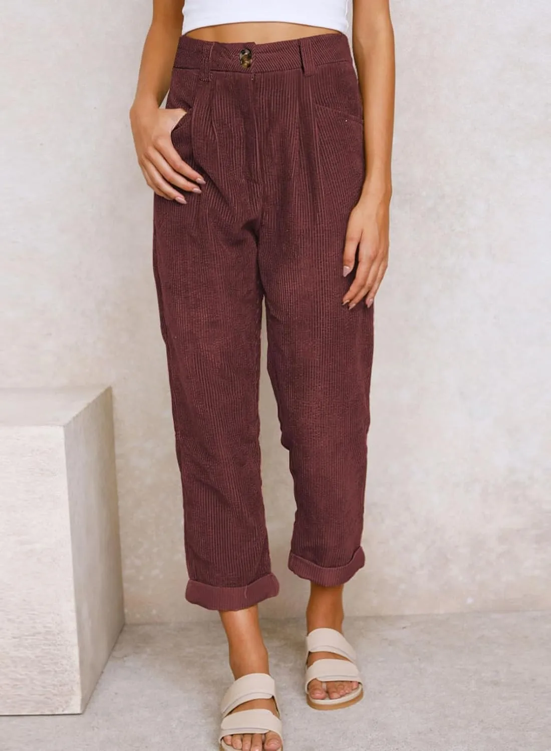Acelitt Womens Elastic Waist Straight Leg Corduroy Pants with Pockets, S-2XL