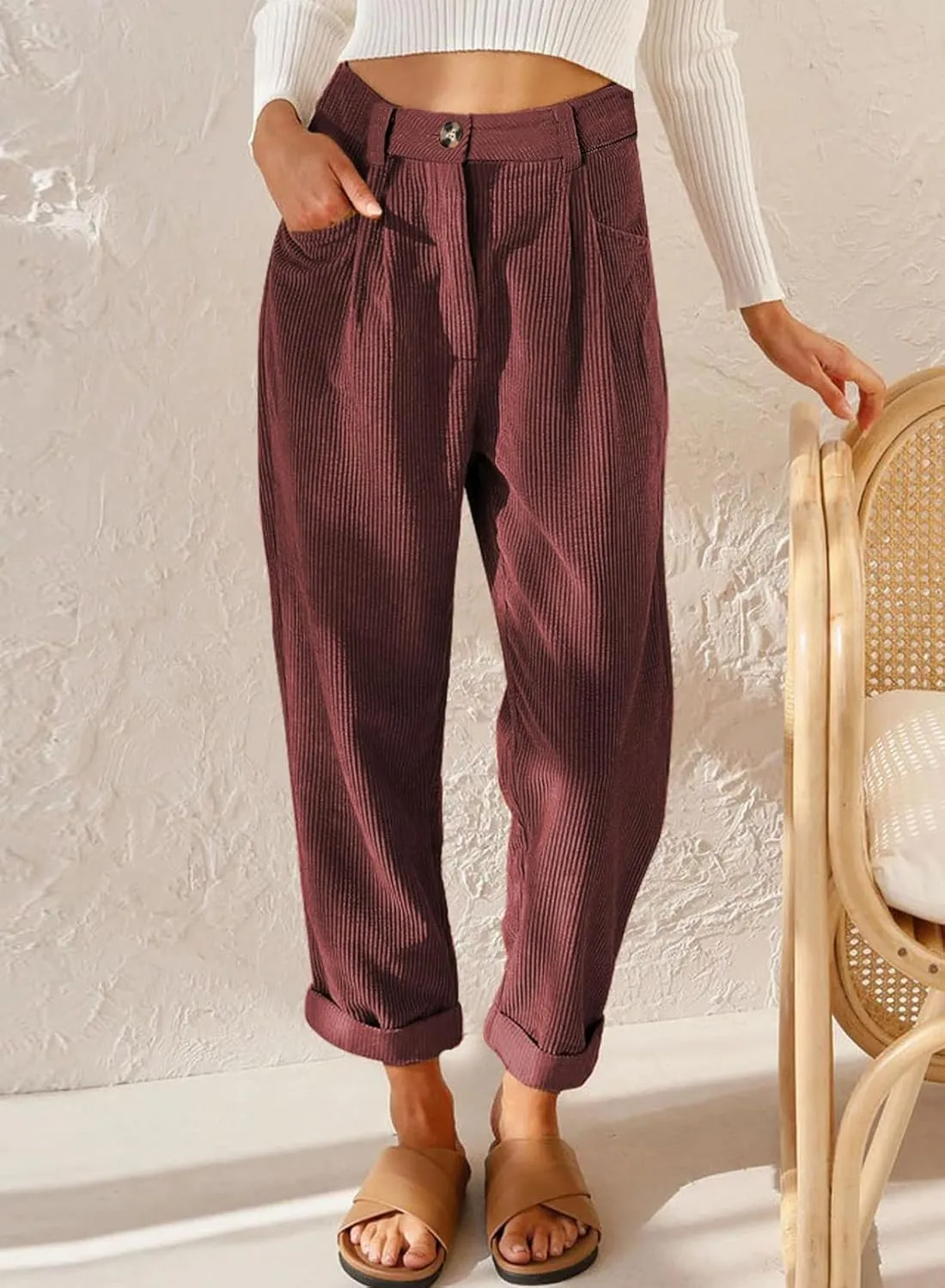 Acelitt Womens Elastic Waist Straight Leg Corduroy Pants with Pockets, S-2XL