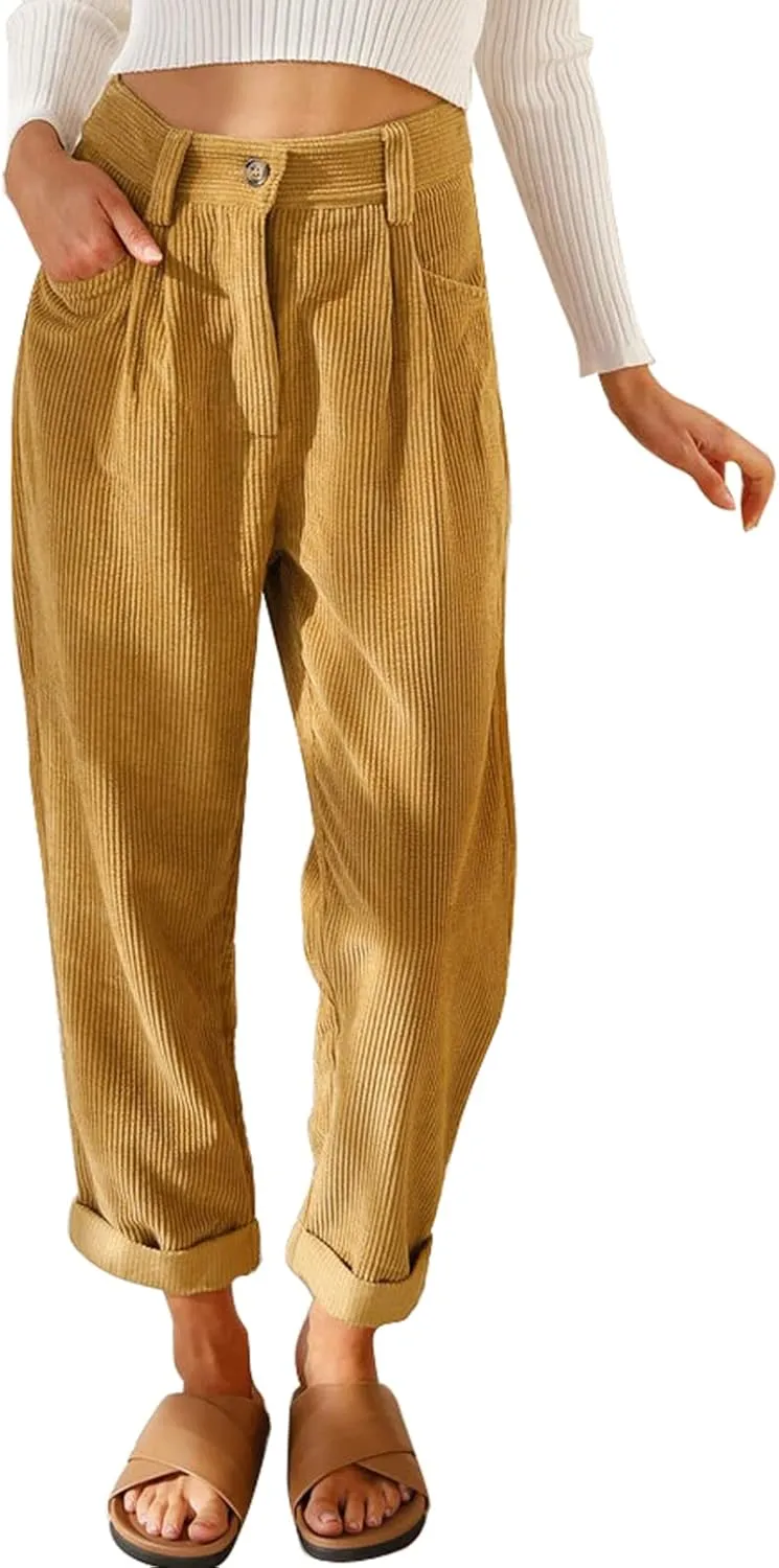 Acelitt Womens Elastic Waist Straight Leg Corduroy Pants with Pockets, S-2XL