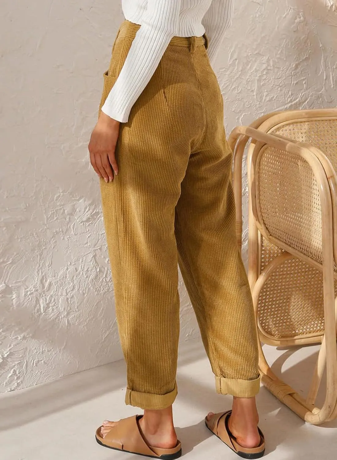 Acelitt Womens Elastic Waist Straight Leg Corduroy Pants with Pockets, S-2XL