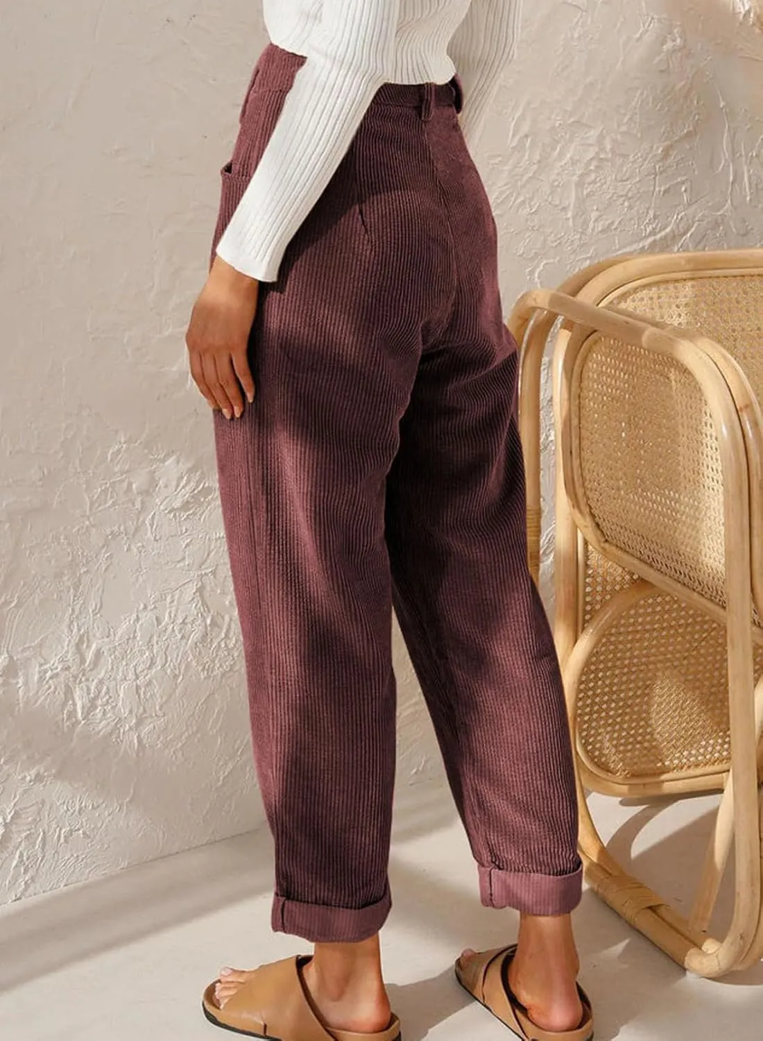 Acelitt Womens Elastic Waist Straight Leg Corduroy Pants with Pockets, S-2XL