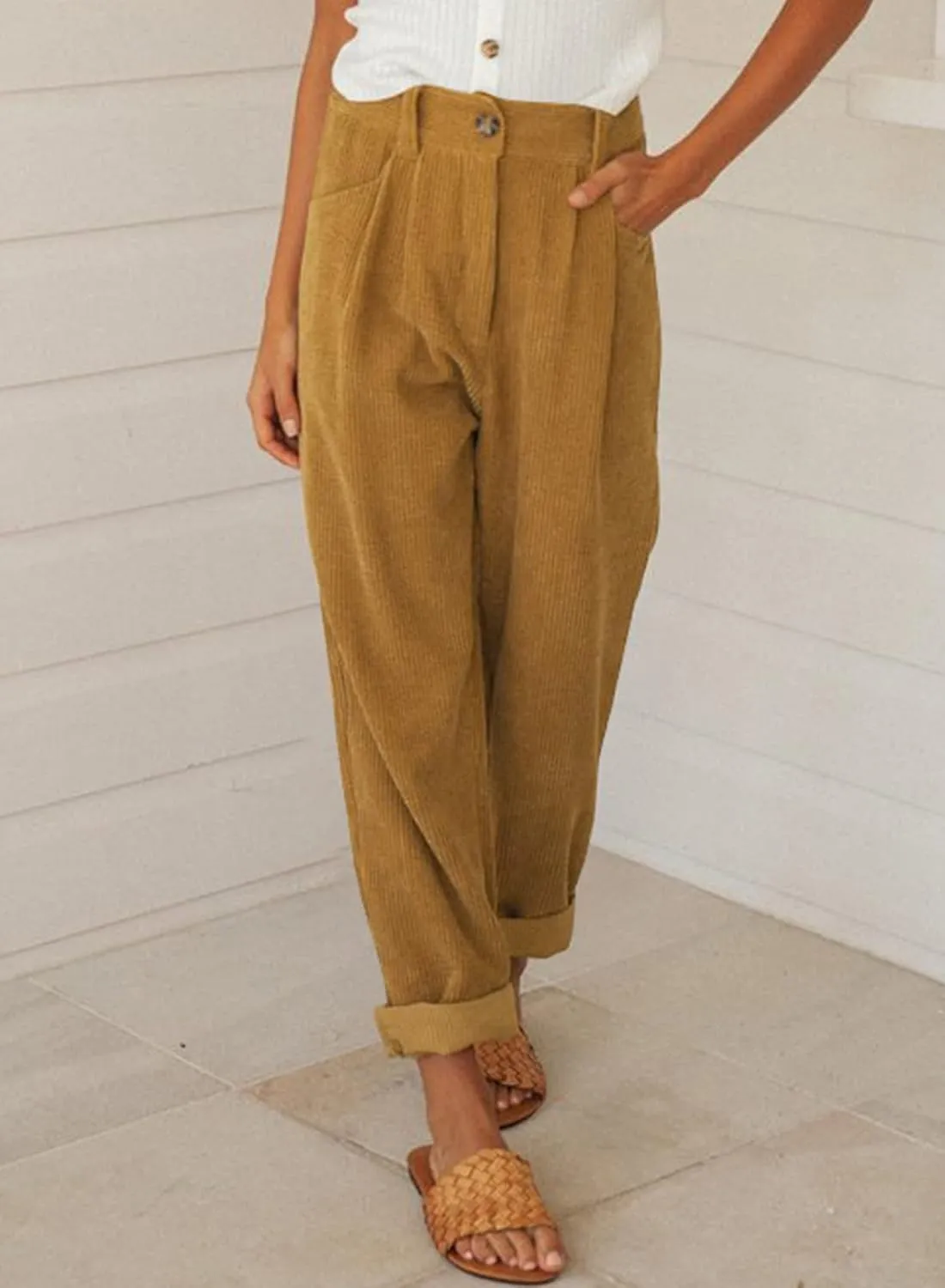 Acelitt Womens Elastic Waist Straight Leg Corduroy Pants with Pockets, S-2XL