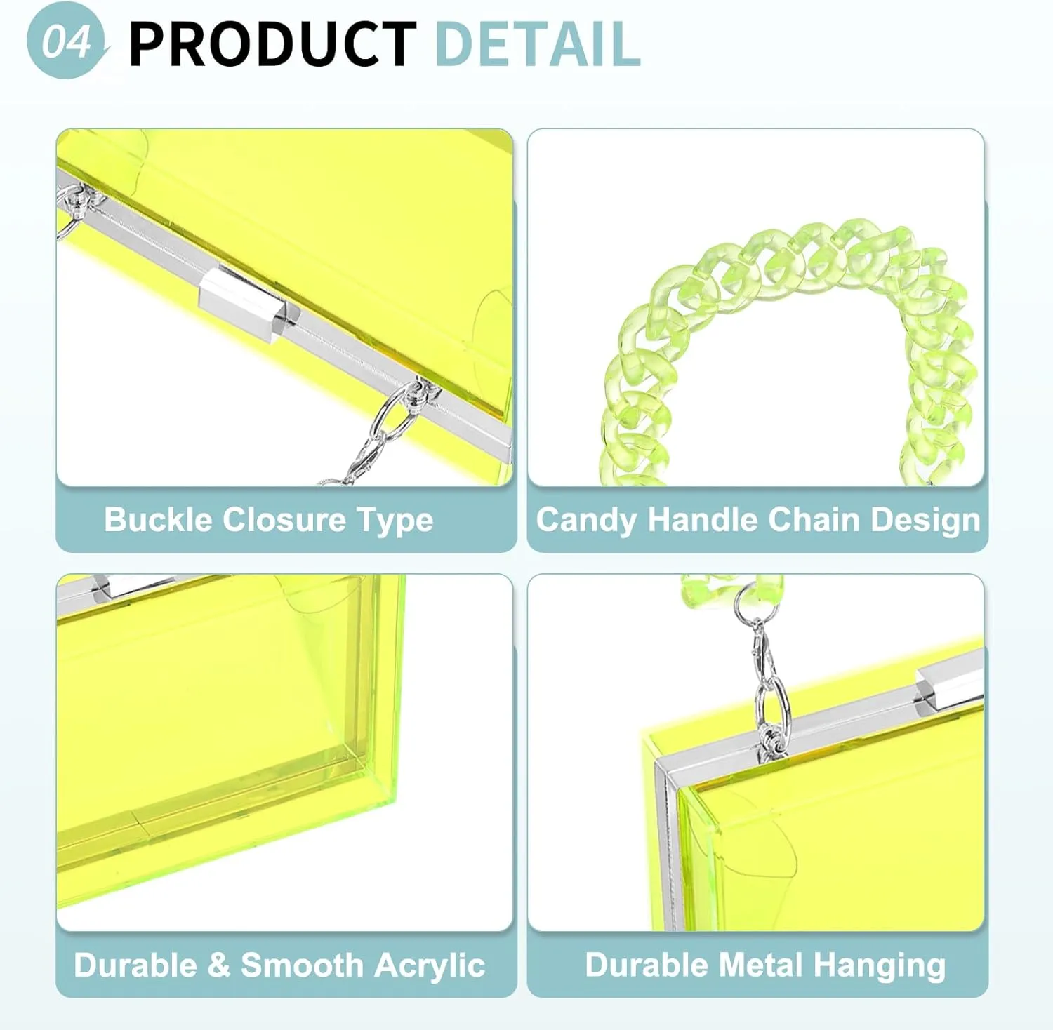 Acrylic Clear Evening Clutch Bag for Women, Shoulder Handbags Neon Hard Frame with Chains Party Purse for Wedding Prom Party (Green, Silver)