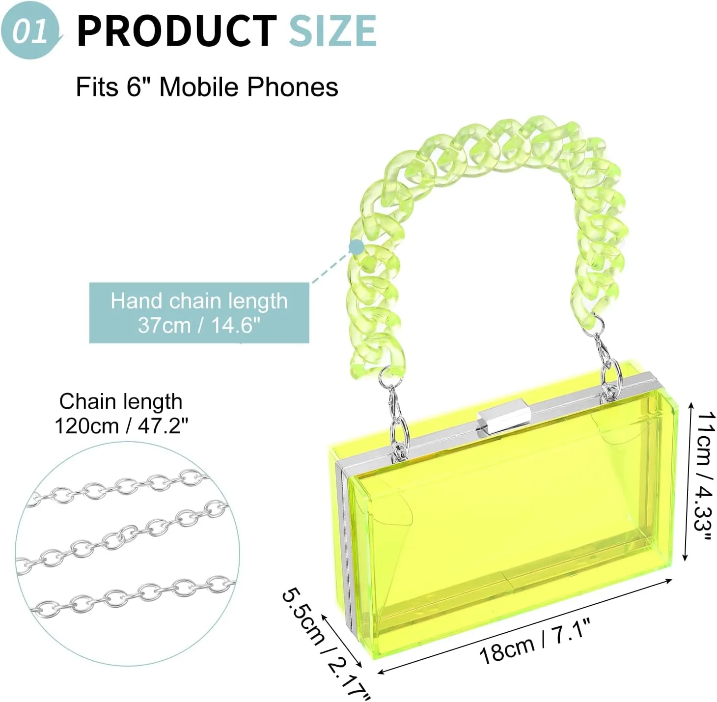Acrylic Clear Evening Clutch Bag for Women, Shoulder Handbags Neon Hard Frame with Chains Party Purse for Wedding Prom Party (Green, Silver)