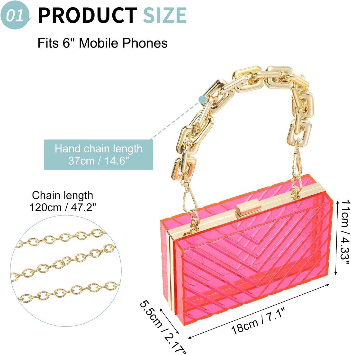 Acrylic Clear Evening Clutch Bag for Women, V-Design Handbags Neon Hard Frame with Chains Party Purse for Wedding Prom Party (Pink, Gold)