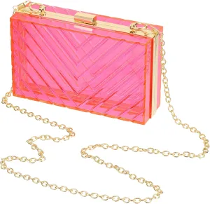 Acrylic Clear Evening Clutch Bag for Women, V-Design Handbags Neon Hard Frame with Chains Party Purse for Wedding Prom Party (Pink, Gold)