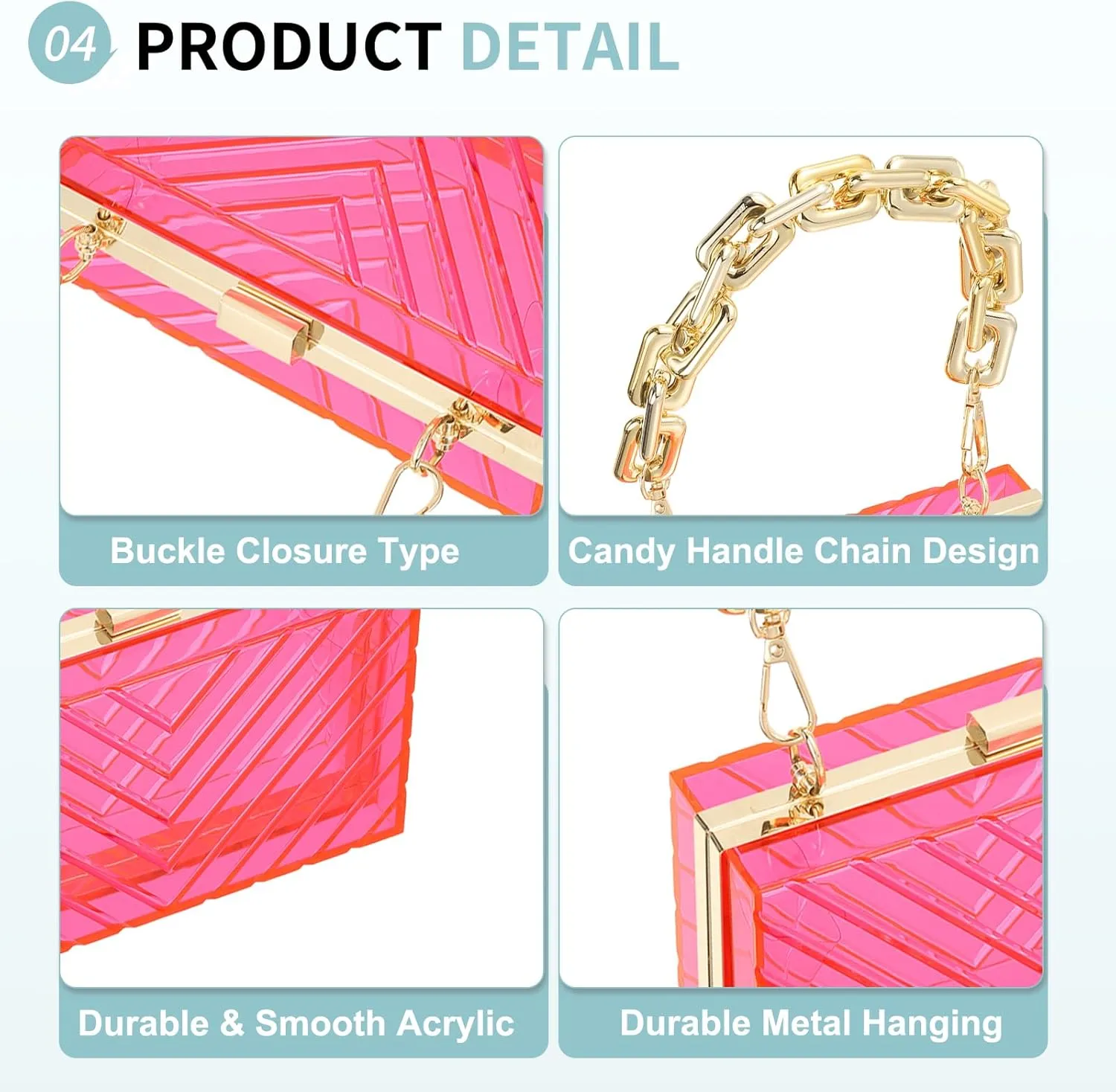 Acrylic Clear Evening Clutch Bag for Women, V-Design Handbags Neon Hard Frame with Chains Party Purse for Wedding Prom Party (Pink, Gold)