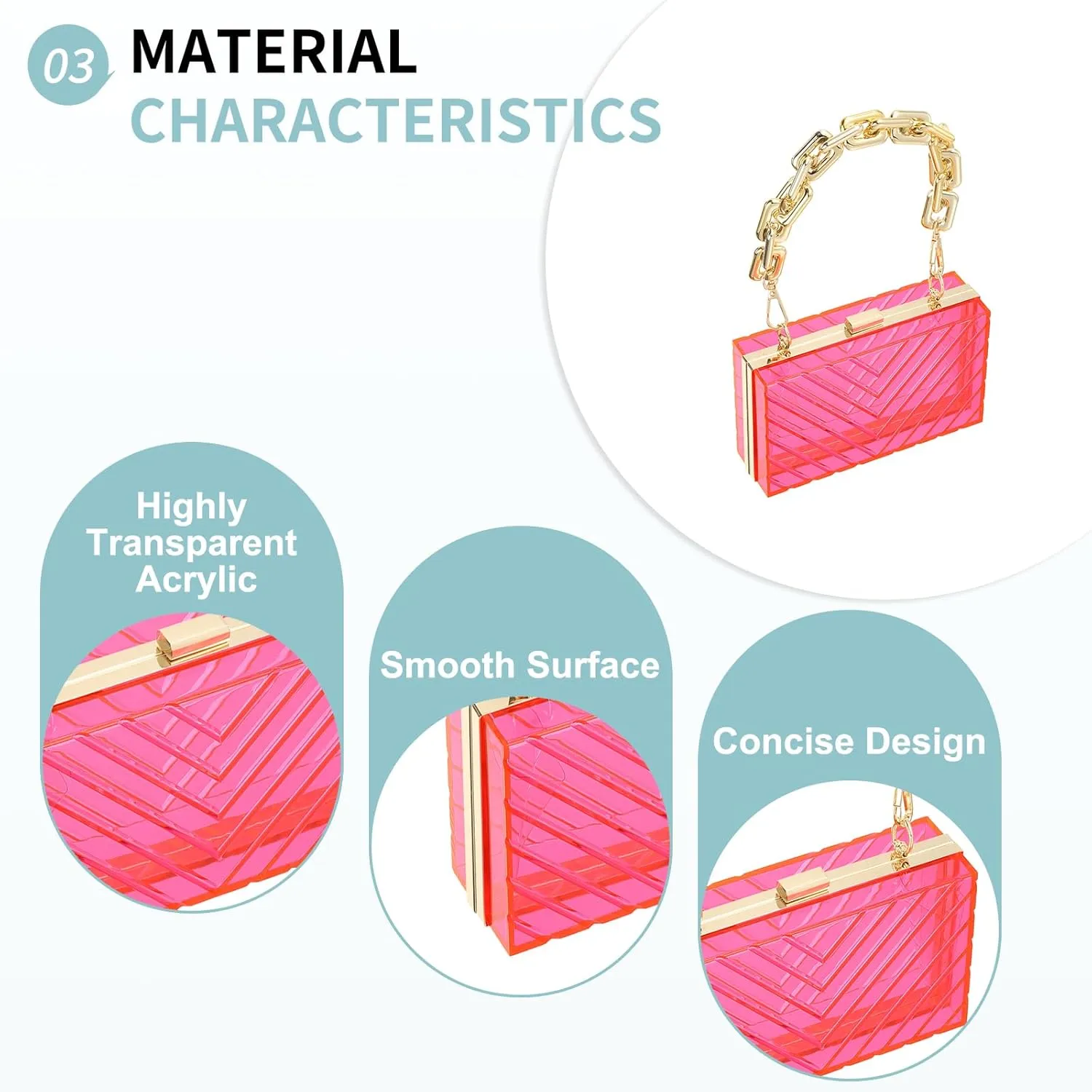 Acrylic Clear Evening Clutch Bag for Women, V-Design Handbags Neon Hard Frame with Chains Party Purse for Wedding Prom Party (Pink, Gold)