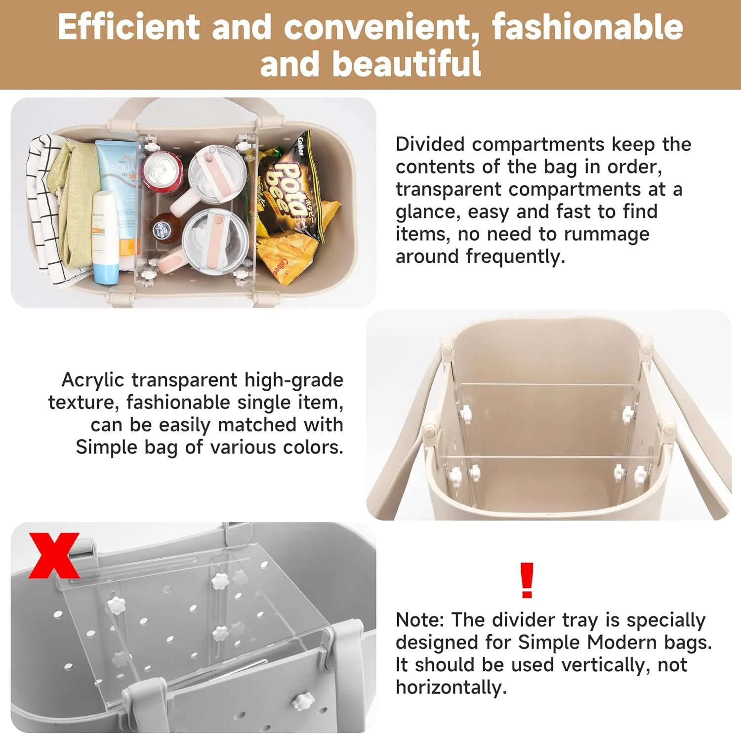 Acrylic Divider Tray Compatible with Simple Modern Tote Bag (Large Size), 2 Pack Beach Bag Organizer Insert, Accessories for Original Simple Modern Beach Bag