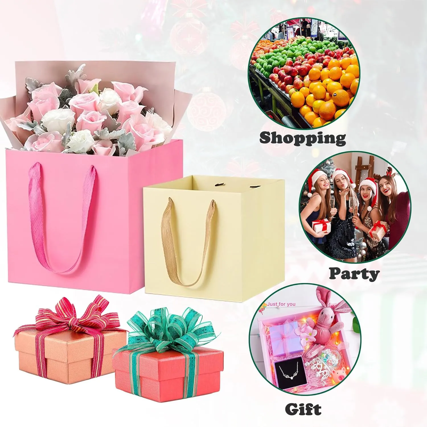 ADIDO EVA White Square Gift Bags Small Size Square Bottom Paper Bags with Handles for Party Favor, Shopping Bag (8x8x8 In, 10 CT)