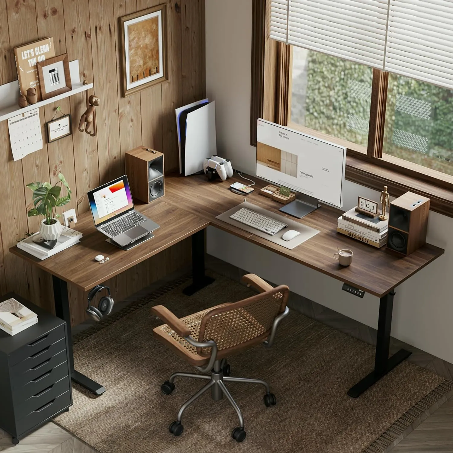 Agilestic L Shaped Standing Desk Adjustable Height, Electric Corner Standing Desk, 63 x 55 inch Sit Stand Computer Table with Splice Board, Dark Wlalnut