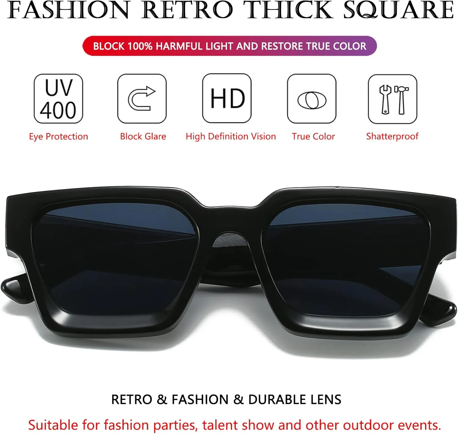 AIEYEZO Square Sunglasses for Women Men Square Thick Frame Sun Glasses Simple Designer Style Shades