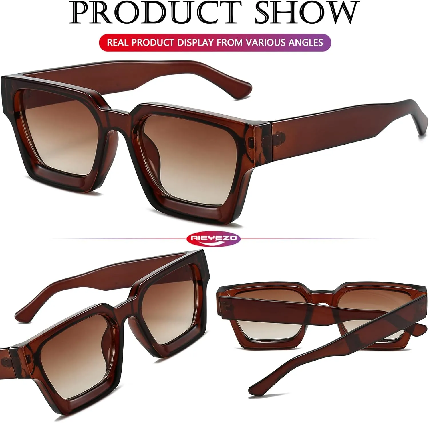AIEYEZO Square Sunglasses for Women Men Square Thick Frame Sun Glasses Simple Designer Style Shades