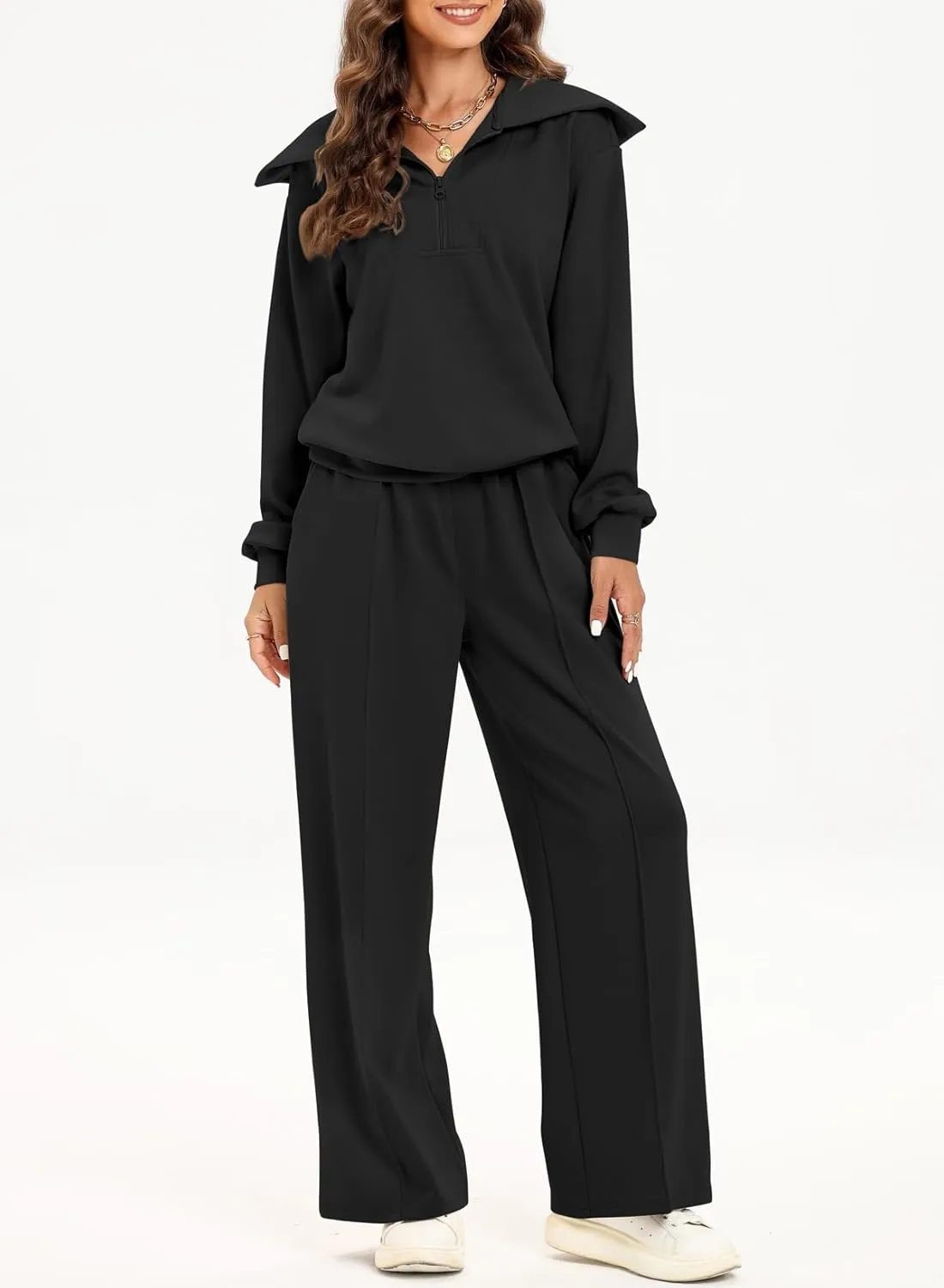 Aleumdr Two Piece Outfits Half Zip Sweatshirt Sweatsuit Lounge Sets for Women Matching Set Wide Leg Sweatpant Tracksuit