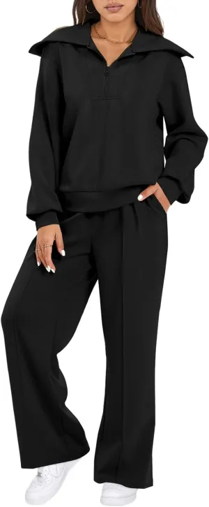 Aleumdr Two Piece Outfits Half Zip Sweatshirt Sweatsuit Lounge Sets for Women Matching Set Wide Leg Sweatpant Tracksuit