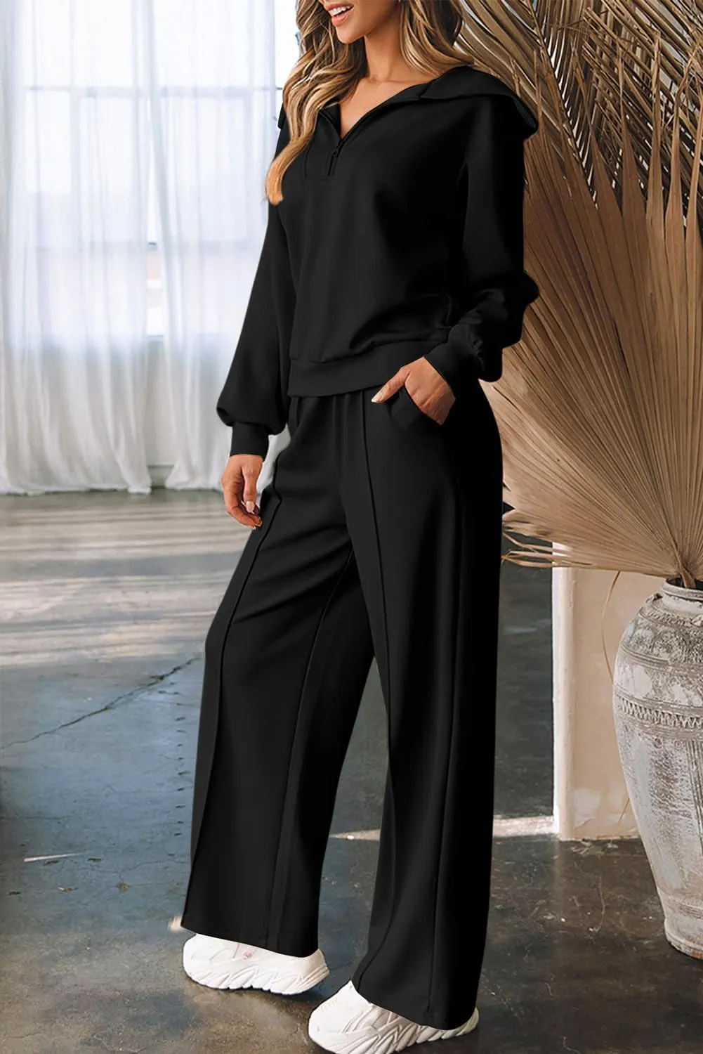 Aleumdr Two Piece Outfits Half Zip Sweatshirt Sweatsuit Lounge Sets for Women Matching Set Wide Leg Sweatpant Tracksuit